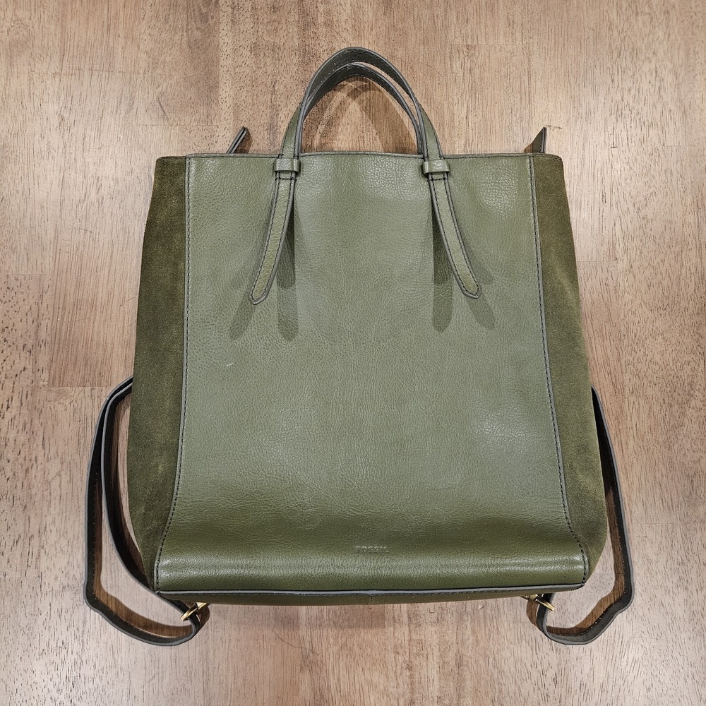 Fossil Leather Convertible Backpack Purse Tote Olive Green Suede Sides